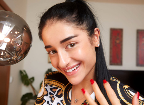 Gorgeous petite brunette Ara Mix undressing and flaunting naked body - 2 of 16