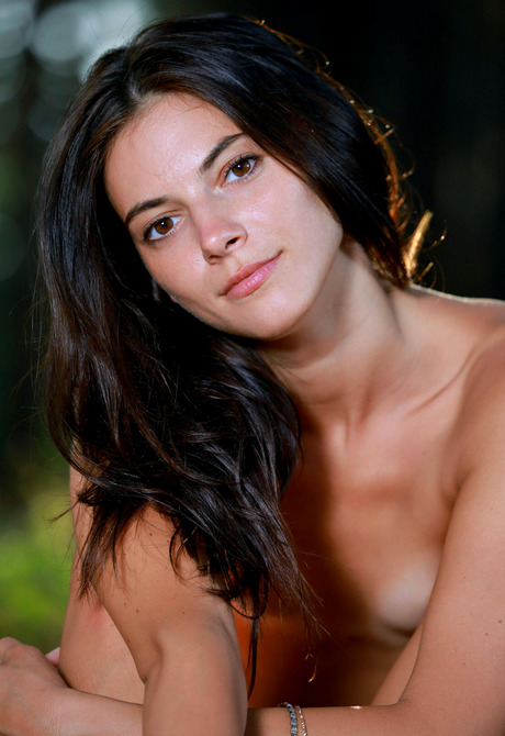 Brunette with tan lines Aleksandrina shows off skinny figure outdoors in forest