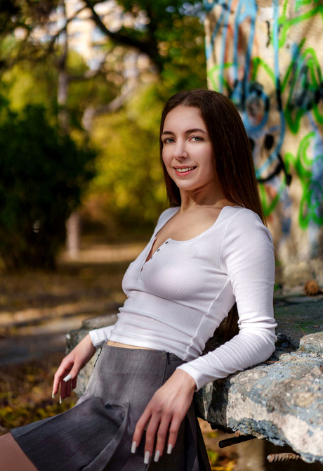 Brunette Maria Mane teases in upskirt panty shots and shows closeup shaved pussy - 2 of 16