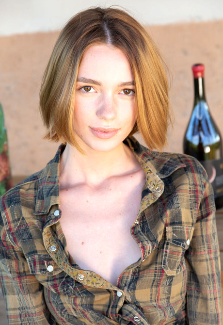 Angelic slender teen Amy Moloko stripping off jean shorts and teasing naked