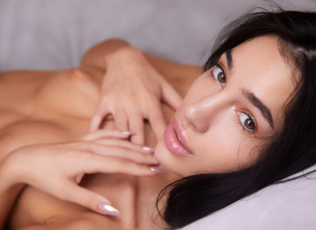 Fit brunette teen Kama Oxi teasing in lingerie and exposing shaved pussy - 16 of 16