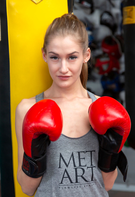 Skinny babe Tiffany Tatum exposing small tits and naked body in boxing gym