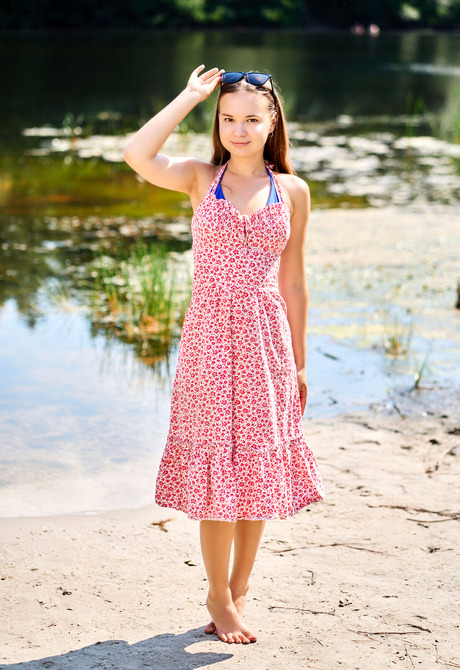 Perfect babe Yenn Cat poses in blue bikini before revealing big tits and shaved slit - 2 of 16