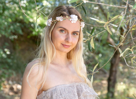 Blonde Emily Swan teases outdoors by stripping white dress and posing naked on blanket