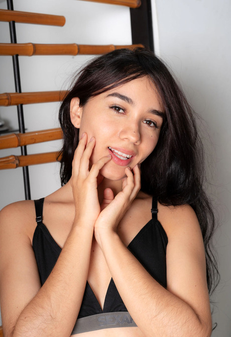 Cute teen Nathaly with perfect figure strips on staircase to reveal small tits - 4 of 16