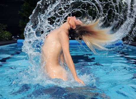 Petite radiant blonde Lana Foxy strips off bikini and poses naked in pool - 14 of 16