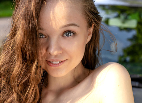 Petite teen Shea peeling off jean shorts and sharing tiny naked body on car