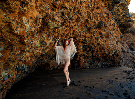 Small breasted redhead model Janey teasing in outdoor beach nudes